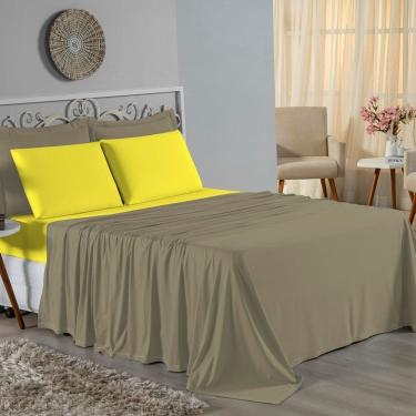 Imagem de Jogo De Cama Casal Nobre 4 Peças Lençol Com Elástico De 30cm De Altura Malha 100% Algodão - Avelã / Amarelo