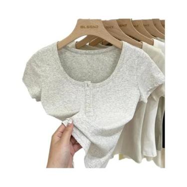 Imagem de Camiseta Feminina Slim Fit De Algodão Com Botões Manga Curta Top De Ve