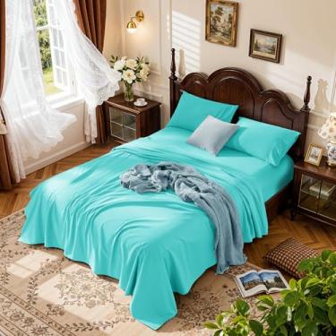 Imagem de LBRO2M Jogo de lençol 100% algodão com bolso profundo de 48 cm, 1000 fios, tamanho casal, 4 peças, roupa de cama macia e confortável para todas as estações (casal, verde lago)