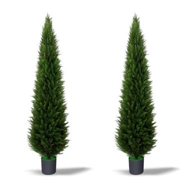 Imagem de Conjunto de 2 árvores de topiaria artificial de cedro de 1,8 m, plantas grandes resistentes a UV para ambientes externos, pinheiro falso, cipreste realista, vaso externo, toque real, perene para