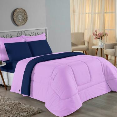 Imagem de Kit Edredom Dupla Face + Jogo De Lençol Queen Nobre 6 Peças Malha 100% Algodão - Lilás / Azul-marinho
