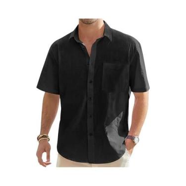 Imagem de Camisa Masculina De Verão Em Algodão E Linho De Cor Sólida, Manga Curt