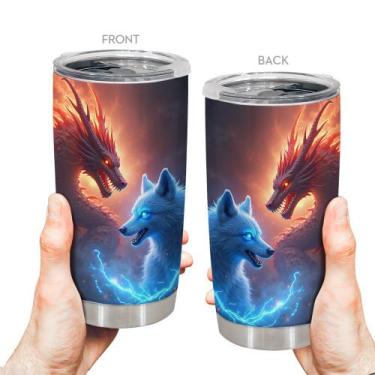 Imagem de Copo de viagem, caneca de café Oasisdream, 600 ml com estampa de lobo