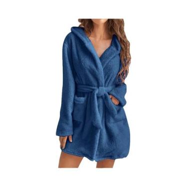 Imagem de Roupão Feminino De Fleece Com Capuz E Cinto, Cor Sólida, Quente E Conf
