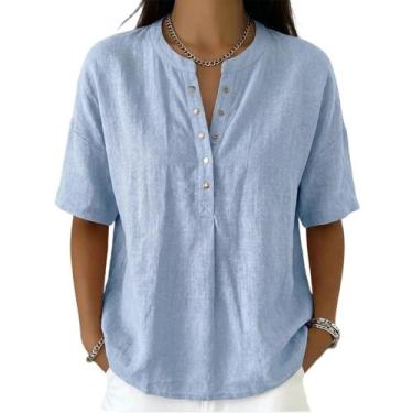 Imagem de Camisa feminina casual de linho e algodão com gola Henley - Hongfuda