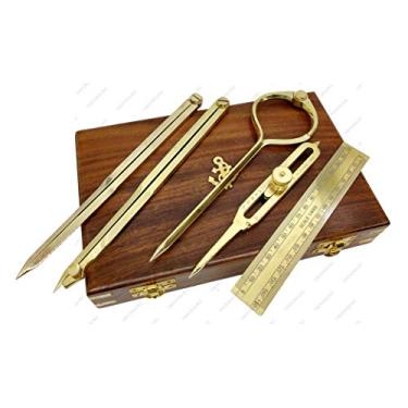 Imagem de Conjunto de 5 divisores de metal completos com caixa de madeira executiva, compartimentos de latão de 20 cm para compartimentos de bússola para marítimo, azul marinho, geometria e desenho
