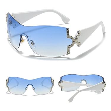 Imagem de Óculos de sol sem aro de strass de uma peça, óculos de sol, óculos de sol superdimensionados, óculos de moda sem moldura, c6 branco azul, tamanho único