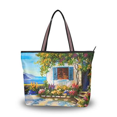 Imagem de Bolsa de ombro My Daily Women Sea And House com pintura de flores colorida grande, Multi, Large