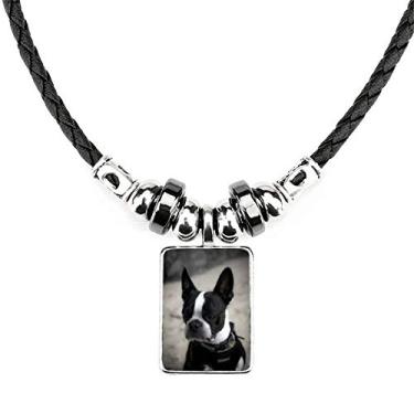 Imagem de DIYthinker Colar Bulldog Pet Animal com imagem escura, joia com pingente de corda de couro