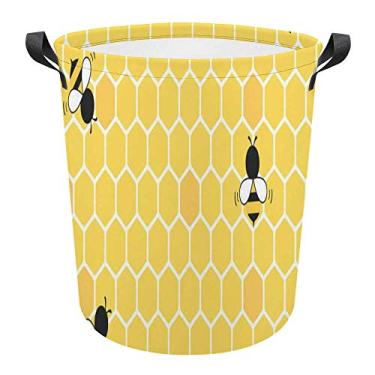 Imagem de Cesto de lavanderia grande redondo com alças, colmeia de abelha, cesto de armazenamento hexagonal de grade de armazenamento, impermeável, dobrável, organizador para roupas de berçário