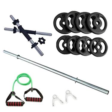 Imagem de Kit Fitness 20Kg + 2 Barras 40cm Rosca + 1 Barra 120cm Presilhas + Extensor Elástico