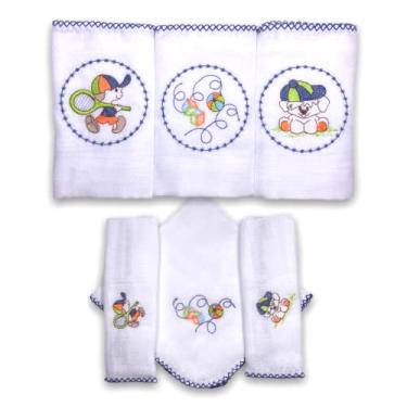 Imagem de Kit 6 Fraldas De Pano para Bebê Bordada (3 de Ombro + 3 De Boca) (Diversão Marinho (Cachorro, Brinquedo e Menino))