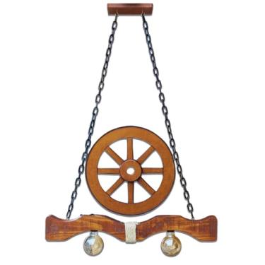 Imagem de Luminária Canga Boi Roda Carroça Média 2 Bocais Estilo Rústico Artesanal Iluminação Decorativa Madeira Ferro Luz Aconchegante Ideal Ambientes Sala Jantar Varanda Chácara Casa Campo Decoração Vintage