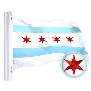 Imagem de G128 – Bandeira de Chicago | 8 x 1,2 m | Bordado de poliéster torcido pesado 220 GSM – Resistente, durável, interior/exterior, cores vibrantes, ilhós de latão