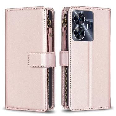 Imagem de Capa para alça de pulso Realme C55, 9 compartimentos para cartão, 1 carteira de couro com zíper, suporte flip fecho magnético bolsa de mão compatível com Realme C55 4G 17.1 cm (rosa)