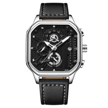 Imagem de Relógio masculino cronógrafo analógico de quartzo para homens, preto, moderno, casual, designer de negócios, relógio masculino com pulseira de couro para calendário, à prova d'água 30 m,