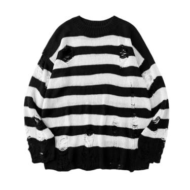 Imagem de FantasyGears Suéter feminino Y2K listrado outono suéter de malha grande grunge manga longa pulôver rasgado roupas desgastadas, Listrado#preto, P