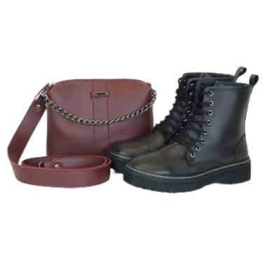 Imagem de Kit Bolsa Transversal e Bota Coturno Feminina Retta (37, VINHO)