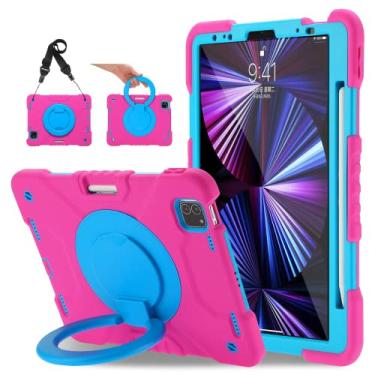 Imagem de ANDNARY Capa para iPad Pro 11 polegadas 2021/2020/2018, capa para iPad 11 polegadas 3ª/2ª/1ª geração com protetor de tela suporte de lápis para crianças, capa para iPad Pro 11 com suporte giratório dobrável 360 rosa + azul