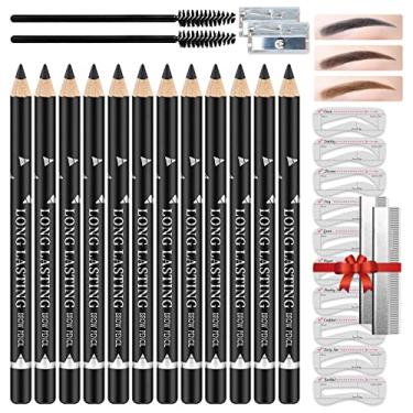 Imagem de LOKFAR Conjunto de 12 lápis de sobrancelha, à prova d'água, kit de suprimentos de caneta de sobrancelha microblading, tatuagem de sobrancelha com 2 apontadores, 10 estênceis de sobrancelha e