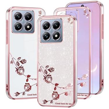 Imagem de Kainevy Capa para Xiaomi 14T Pro, transparente, fofo, brilhante, rosa, floral, para mulheres e meninas, capa para celular Xiaomi 14T Pro, fina, à prova de choque, proteção diamante brilhante (rosa)