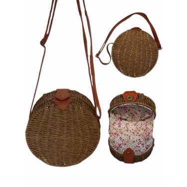 Imagem de Bolsa Redonda Palha Sintética Tiracolo com Alça de Couro Casual Moda Praia BL198 (Marrom)