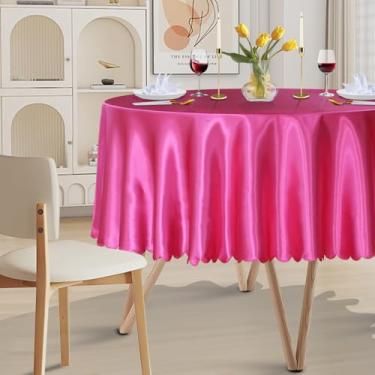 Imagem de Cobedzy Pacote com 1 toalha de mesa redonda de cetim de 228 cm, capa de mesa de cetim rosa choque, sobreposta, toalha de mesa de jantar sedosa para casamento, festa, banquete, eventos, recepção,