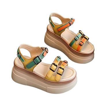 Imagem de Sandálias femininas com fivela e cunha cor sapatos femininos moda feminina confortável casual all-match moda sandálias(Yellow,39EU)