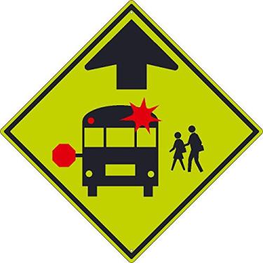 Imagem de Placa National Marker TM603DG School Bus Stop Ahead Mutcd