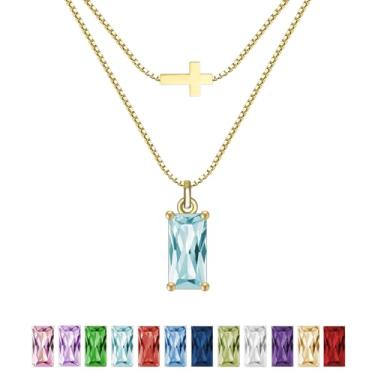 Imagem de SILANER Colar feminino com pedra do mês de nascimento de esmeralda banhado a ouro real 14 K, pingente de cruz delicada, pingente de zircônia cúbica, presente de aniversário para mulheres, joias, Latão