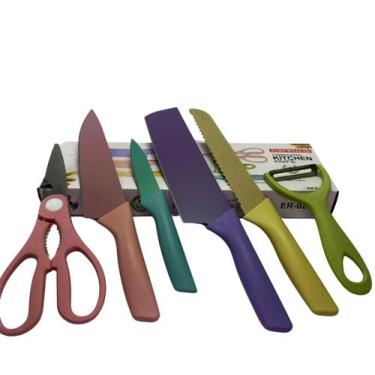 Imagem de Kit Jogo Facas Aço Inox 6 peças do Chef Coloridas Profissional Descasc