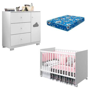 Imagem de Berço Americano Tico E Cômoda Infantil Ane Branco Brilho Com Colchão Ortobom - Phoenix Baby