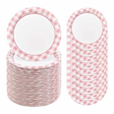 Imagem de FALIZIFU 50 peças de pratos de papel guingão rosa claro 17,8 cm descartáveis rosa e branco búfalo xadrez para casamento, chá de bebê, festa de aniversário, prato de sobremesa quadriculado