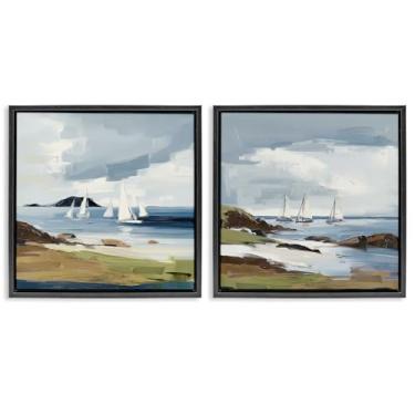 Imagem de Stupell Industries Nautical Sea Vessels Beach View 2 peças preto emoldurado conjunto de tela flutuante design por Elara Yasna, 25 x 25