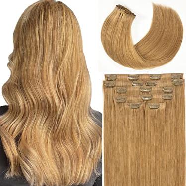 Imagem de Lacer Extensões de cabelo natural Hair New Technology com clipe, extensões de cabelo loiro ultra finas sem costura de poliuretano, clipe em 100% cabelo humano 110 g, 7 peças com 16 clipes #27 loiro caramelo 45 cm