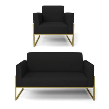 Imagem de Sofá Namoradeira Com Poltrona Base Industrial Alta Dourado Marisa Linho D03 - D\'rossi Cor A79 Preto