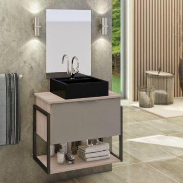 Imagem de Conjunto Tech 60cm Madeirado Cinza Cuba Preta - Moveis Joia