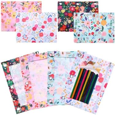 Imagem de Janlaugh Pacote com 4 bolsas para lápis para fichário de 3 anéis, pasta de flores a granel com zíper, bolsas de 3 furos, bolsa superior com zíper transparente durável para sala de aula, professores