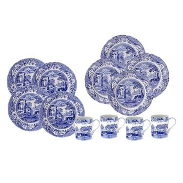 Imagem de Spode Conjunto de louça italiana azul de 12 peças | Serviço para 4 | Prato de jantar, prato de salada e caneca | Feito de cerâmica fina | Seguro para micro-ondas e lava-louças