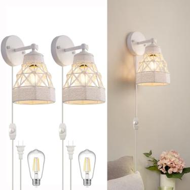 Imagem de Dijiahua Arandelas de parede Boho brancas de vime, pacote com 2, luminárias de parede com plugue de fazenda com interruptor regulável, lâmpadas de cabeceira montadas à mão com cabo ajustável para