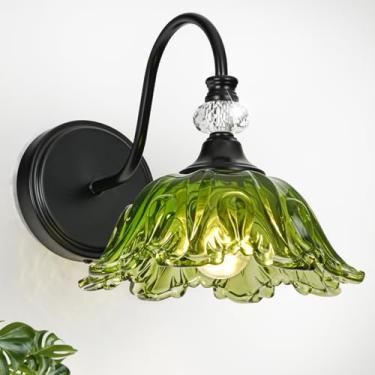 Imagem de sunkryster 1 peça de arandela de parede preta com sombra de vidro verde floral, iluminação de montagem de parede de fazenda preta para banheiro, luminária de banheiro vintage