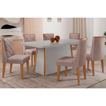 Imagem de Conjunto Sala de Jantar Tilia c/ Tampo Madeirado c/ Vidro Canto Curvo 180x90cm e 6 Cadeiras Pietá Madeira Maciça Naturale/Off White - Capuccino/Linho 