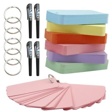 Imagem de JINGIHE 300 cartões de índice com anéis de fichário, cartão flash em branco com 4 canetas de bolso, 7 cores, cartões de papel kraft para mulheres e estudantes (5 × 9 cm)
