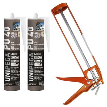 Imagem de Kit Selante PU40 Unipega Preto 400g Vedação + Aplicador de Silicone Construção Profissional Veda Cola