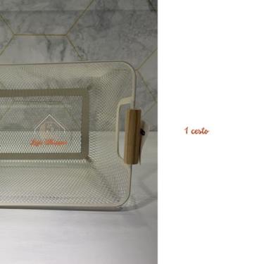 Imagem de Cesto Organizador Telado com Alça de Madeira Retangular para Alimentos