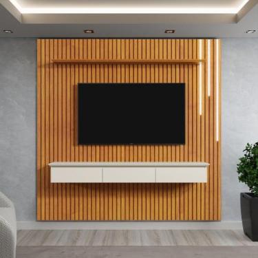 Imagem de Painel Ripado Lyon com Nicho Lyon 3 Gavetas Led e Prateleira para TV a