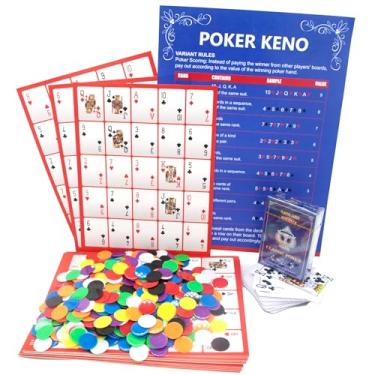 Imagem de Pokeno Game Set with Cards and Chips,24 Boards, 500 Chips, 100% Plastic Playing Cards, 2 Deck of Waterproof Poker Cards,Poker Bingo Set Keno Board Game for Gathering Activity Family Casino Night