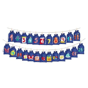 Imagem de MotiveTech 24 peças de bolsas de calendário de advento de Natal, bolsa de estopa, sacolas de presente com cordão para reuniões, Azul