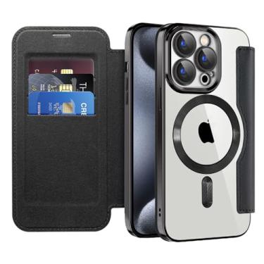 Imagem de COTDINFOR Capa para iPhone 15 Pro, carteira de couro com suporte para cartão [bloqueio RFID] compatível com proteção de câmera Magsafe, capa flip transparente à prova de choque para iPhone 15 Pro