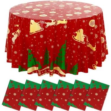Imagem de LemonRoad 6 peças de toalha de mesa redonda de Natal de 203 cm, toalha de mesa de plástico descartável, vermelho, Feliz Natal, papai noel, rena, decoração para festas de fim de ano, jantar, cozinha